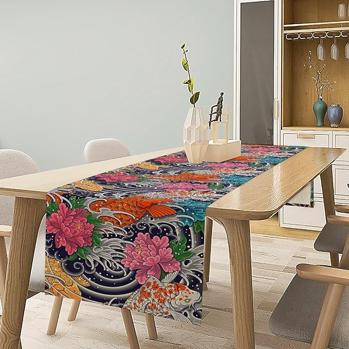 Japanese Retro Flowers Table Runner Oriental Tradition Kio Fish Art Printed Burlap Runner Home Kitchen Dining Table Living Room Decor Fabric 1 Panel W13xL70in