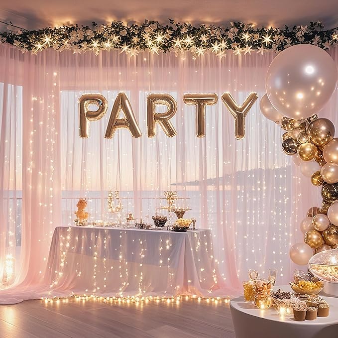 10×8ft Tulle Backdrop Curtains with Lights String - 300LED Fairy Lights Sheer Curtain Backdrop for Weddings Baby Shower and Birthday Party Decorations(2 Panels 5×8ft)