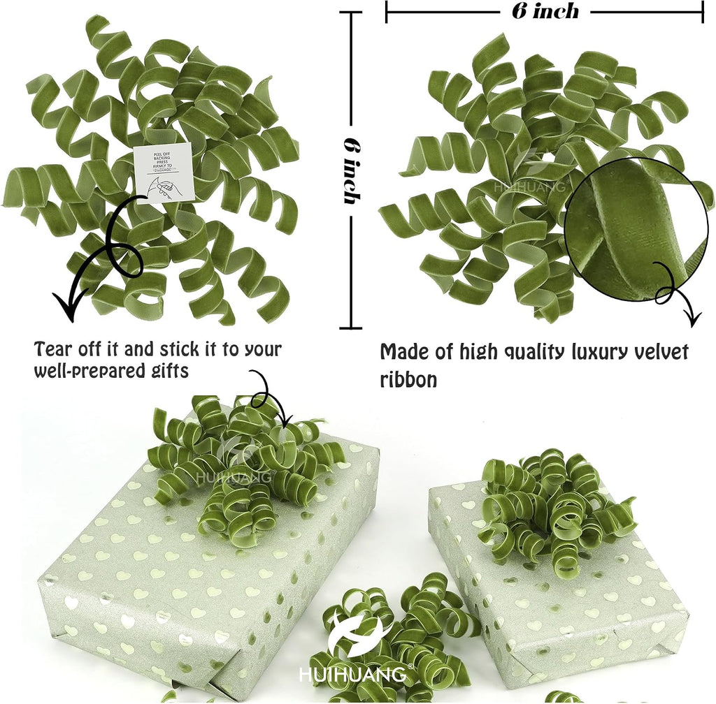 HUIHUANG Moss Green Bows for Gift Wrapping Self Adhesive Christmas Green Gift Bows Burst Curly Ribbon Bows for Presents, Gift Wrapping, Treat Bags, Party Favor, Crafts-6 inch x 6 Counts