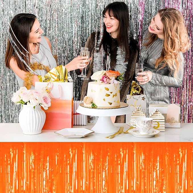 3 Pack 29 x108 Inch Macaron Orange Foil Fringe Table Skirts Metallic Banner for Tinsel Streamer Garland Backdrop for Parade Floats Mother's Day, Graduate, Birthday, Wedding Party Decoration