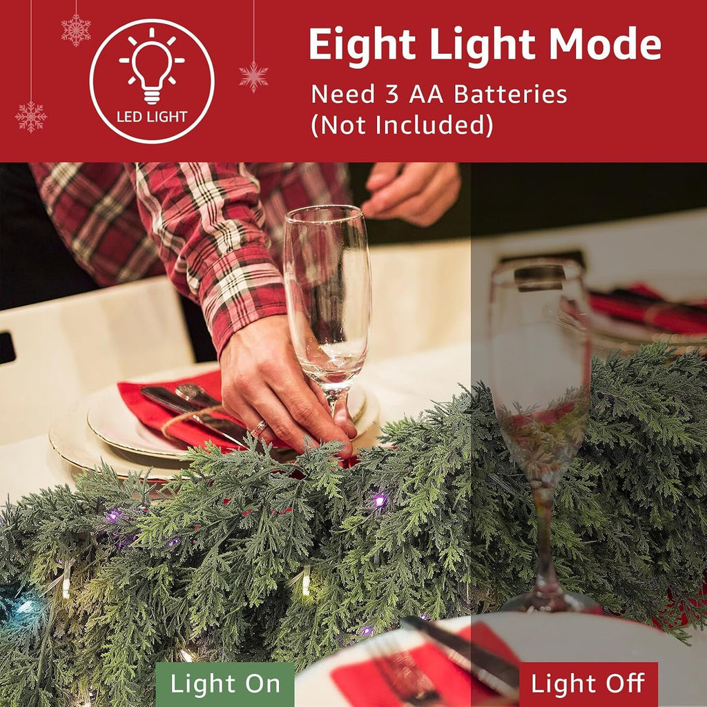 cedar christmas garland with lights for mantle, side view
