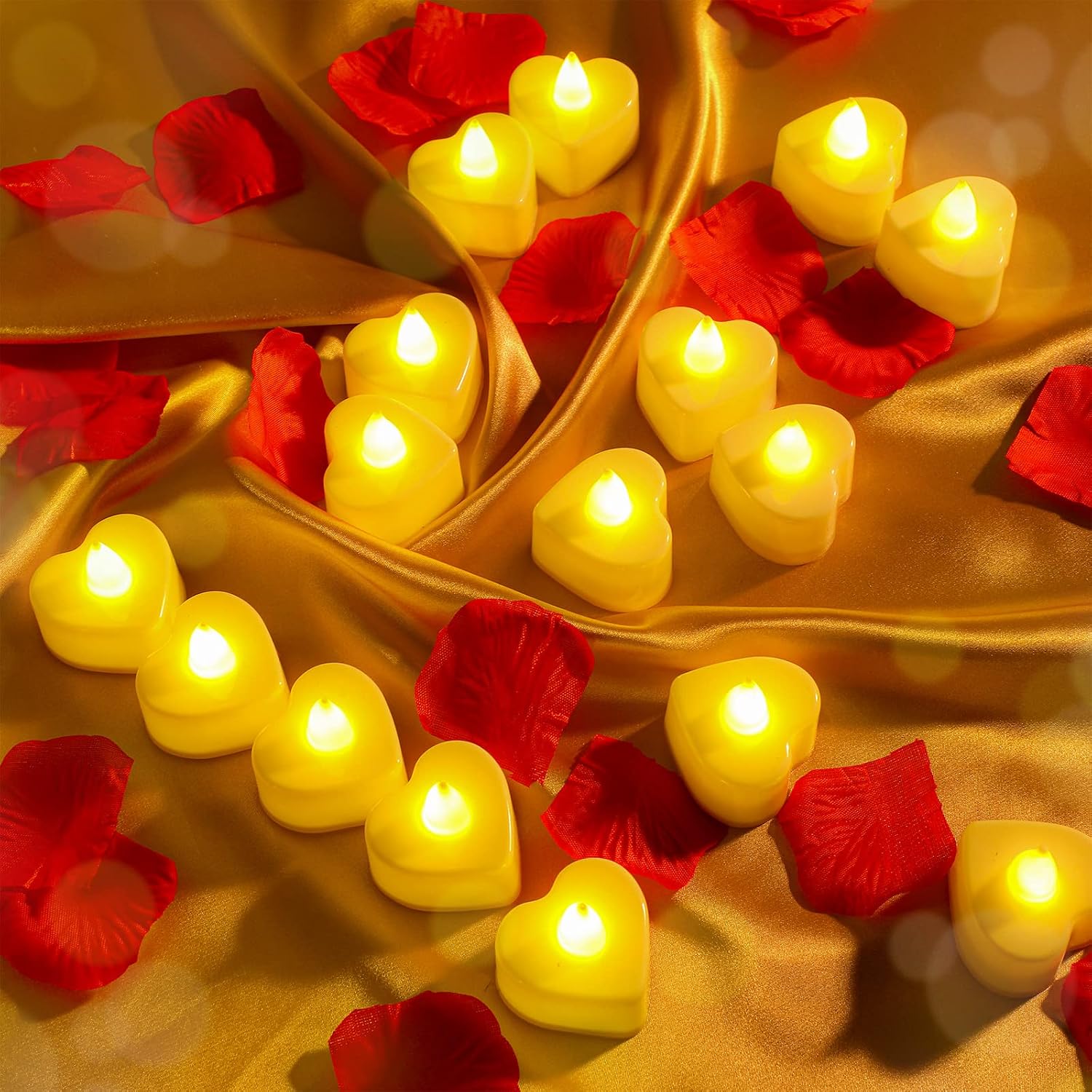 Coume 6000 Pieces Artificial Rose Petal 72 Pieces LED Tealights Candle, Romantic Decorations Special Night Rose Petal Heart Candle for Valentines Wedding Anniversary Proposal Decor(Warm White Light)