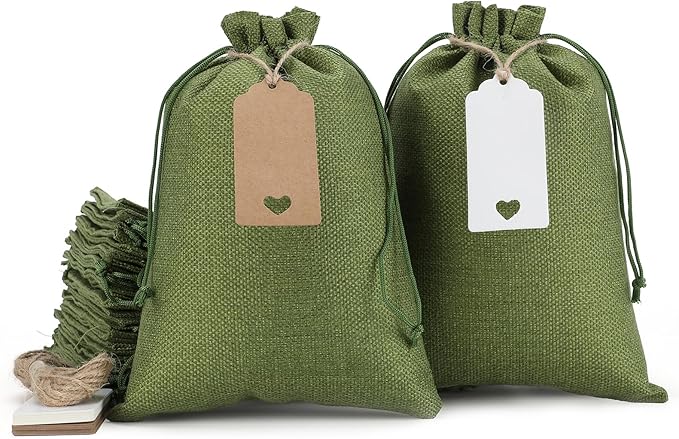 Tapleap Gift Bags - 30Pcs 7x10 Green Burlap Sacks with Tags and String for Wrapping Halloween Gifts, Wooden Cross, For Birthday, Wedding, Party, Church