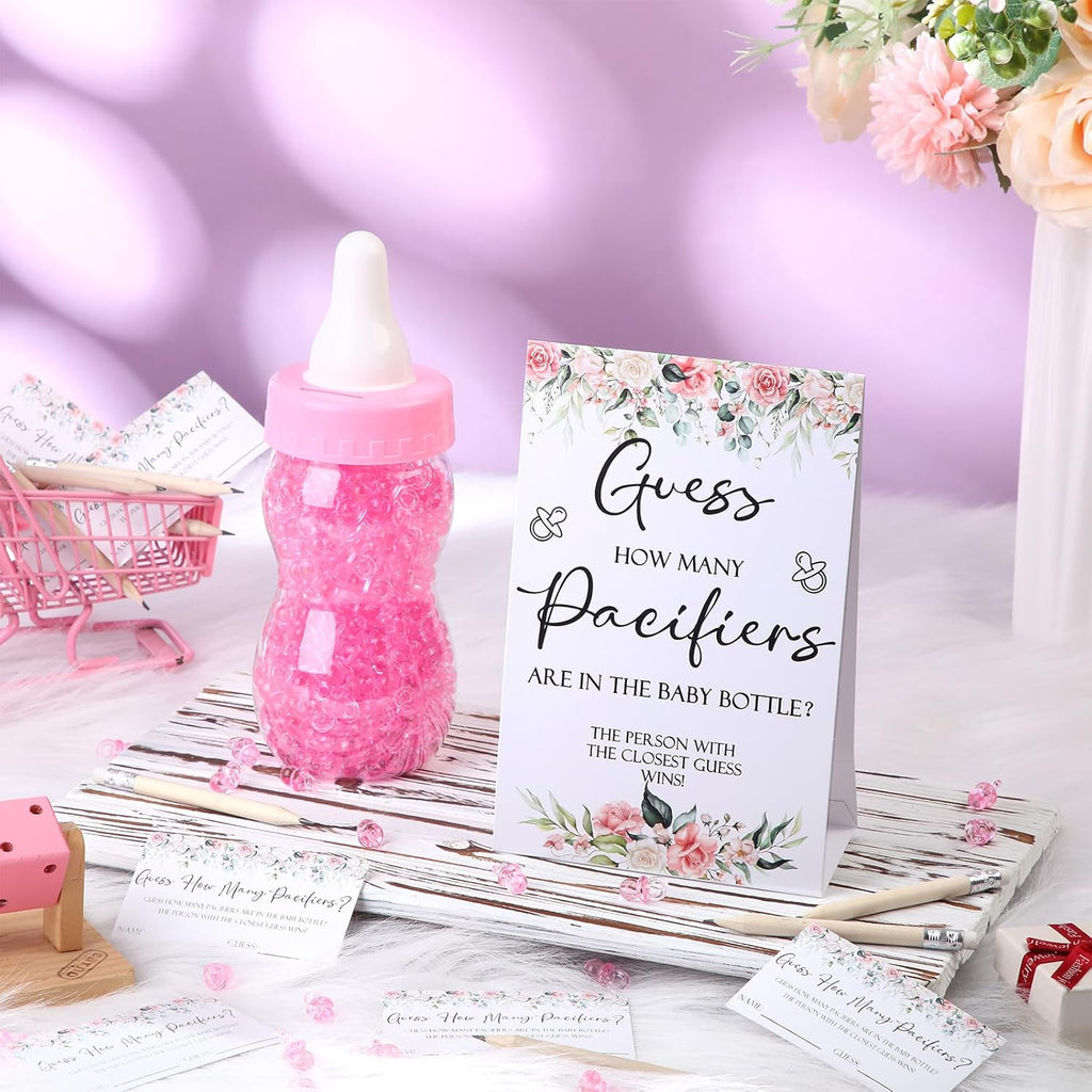 Roowest 512 Pcs Baby Shower Games Guess How Many Pacifiers Sign 100 Small Guessing Games 10 HB Pencils 750ml Milk Bottle 400 Acrylic Pacifiers Decoration for Guest Gender Reveal(Pink,Flower)
