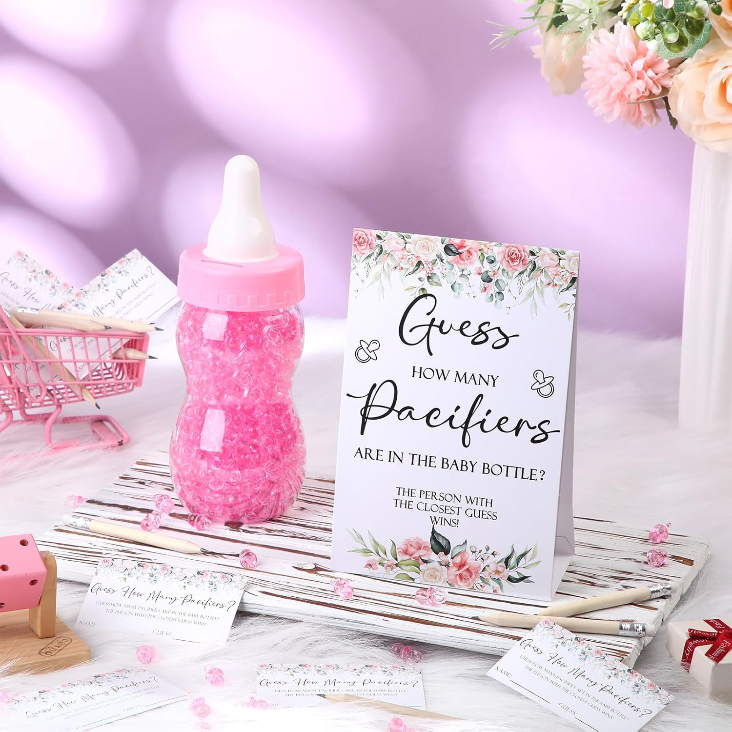 Roowest 512 Pcs Baby Shower Games Guess How Many Pacifiers Sign 100 Small Guessing Games 10 HB Pencils 750ml Milk Bottle 400 Acrylic Pacifiers Decoration for Guest Gender Reveal(Pink,Flower)
