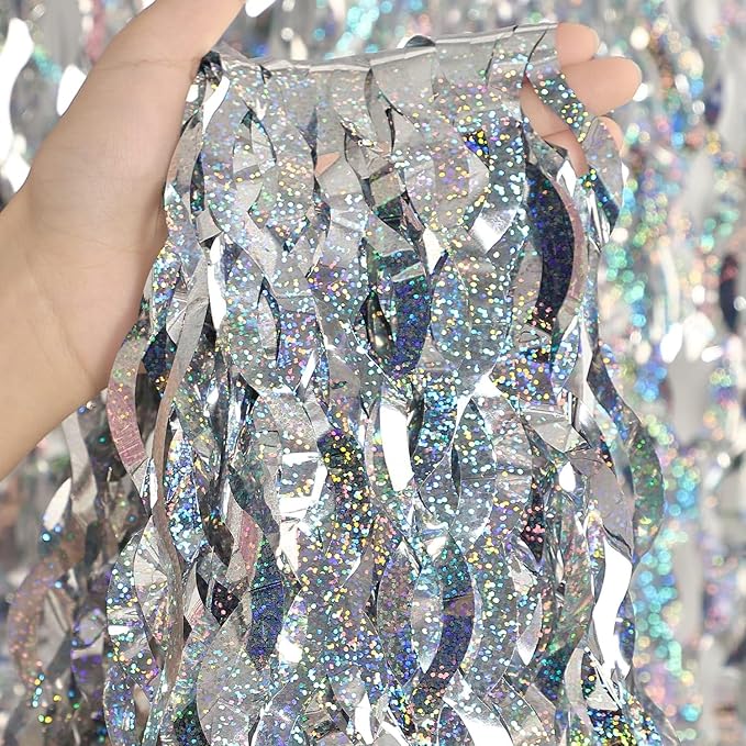 4 Pack Silver Tinsel Backdrop - CYLMFC 3.3 ft x 6.6 ft Streamer Metallic Tinsel Foil Fringe Curtains Photo Booth Props Wall Curtains for Bachelorette Birthday Party Decor