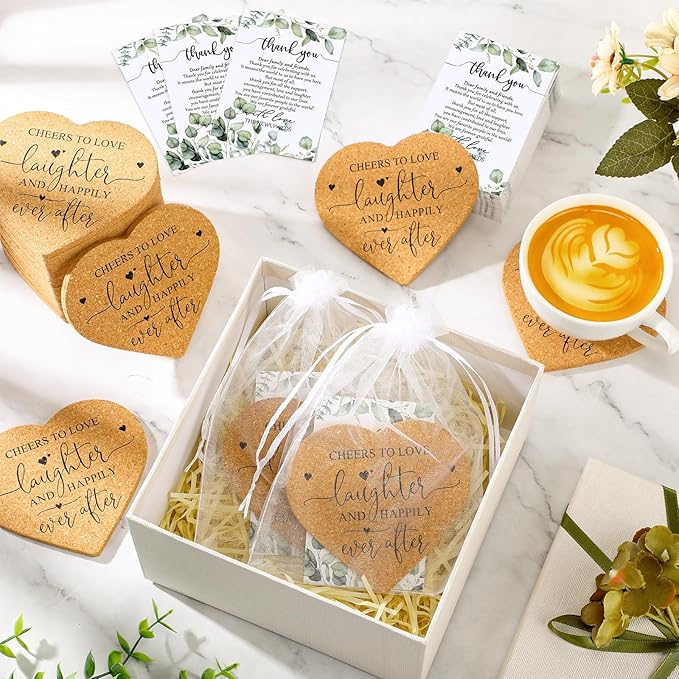Uiifan 100 Set Wedding Favors for Guest Coaster Gifts Bulk Heart Shaped Coasters Thank You Cards Organza Bags Guest Souvenirs for Wedding Party Bridal Favors