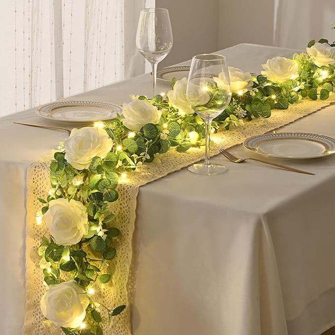 Dolicer 2Pcs 13Ft Artificial Eucalyptus Garlands with Flowers - 8 Roses, Faux Floral Greenery Garlands with 13Ft String Lights Fake Flower Vines for Wedding Table Centerpieces Arch Party Decor (White)