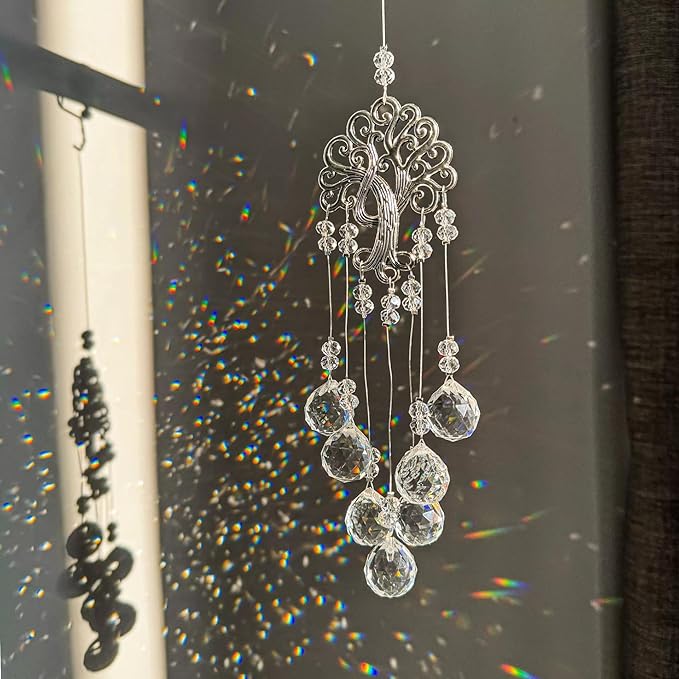TUOKING 3 Pcs Crystal Suncatchers for Window Hanging Tree of Life Colorful Crystals Prism Ball Pendant Sun Catchers Rainbow Maker Ornament Gift Home Garden Decoration