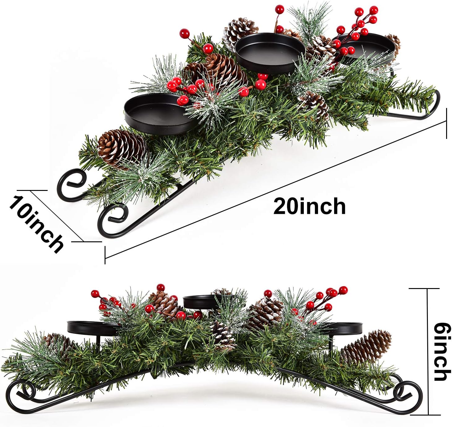 20 Inch Christmas Candle Holder Centerpiece with 3 Candle Holders, Pine Cones, Red Berry Table Accent for Festival Home Decoration