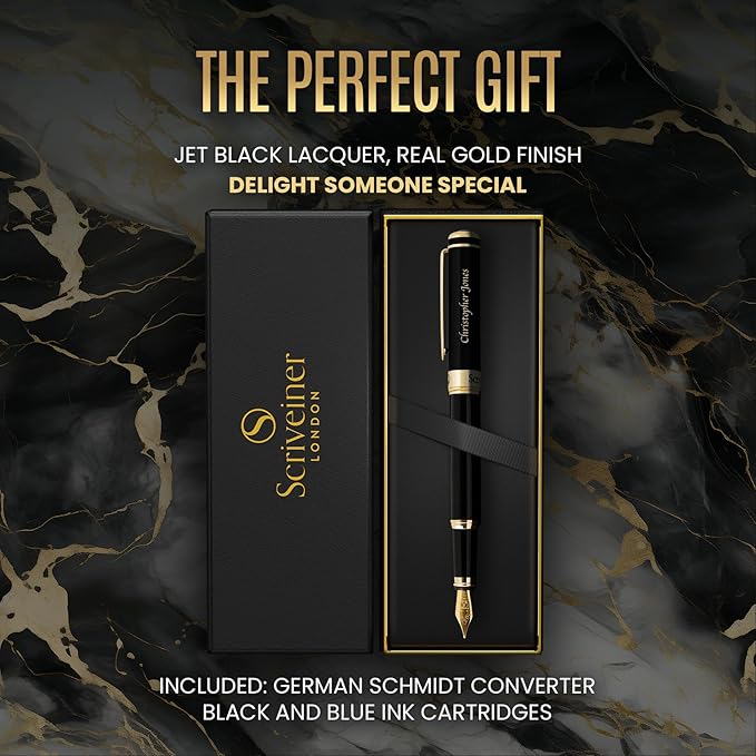 Scriveiner Personalized Black Fountain Pen - Stunning Luxury Pen, Jet Black Lacquer, Real Gold Plating, German Schmidt Nib (Medium), Best Engraved Gift Set for Men & Women, Name Engraving