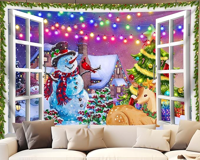 QGHOT Christmas Window Tapestry Wall Hanging, Christmas Backdrop Winter Window Wall Decor Xmas Snowman Deer Tapestries for Bedroom Living Room Dorm Holiday Party Decoration, Large
