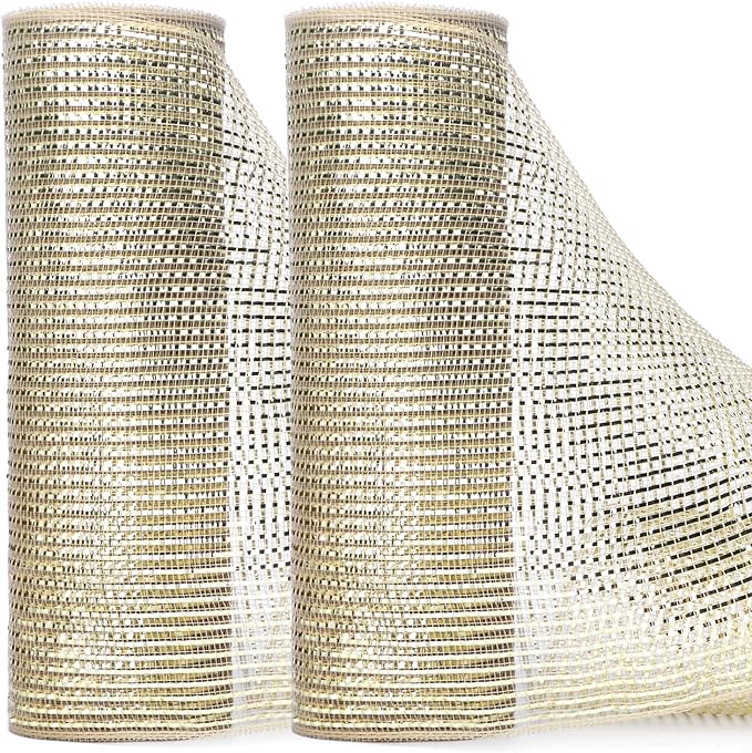 Ribbli 2 Rolls Champagne Gold Metallic Mesh Ribbon Champagne Gold Deluxe Foil Christmas Ribbon for Christmas Tree Wreath Swags Wedding Garland 10 inch x 30 feet(10Yard) Per Roll