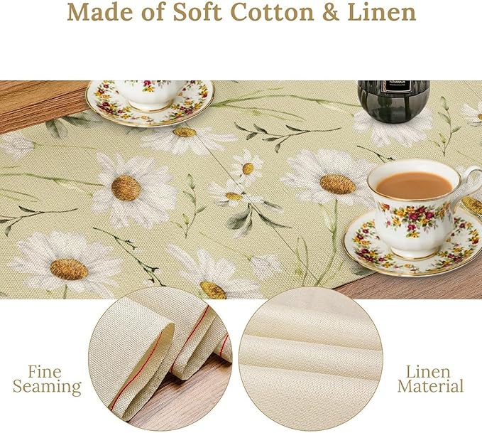 Daisy Floral Table Runner, Spring Seasonal Summer Wild Flower Rustic Country Farmhouse Table Center Decor for Home Kitchen Dining Patio Holiday Party Indoor Outdoor Table Decorations, 13"x90" Inch