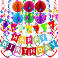 Fecedy Happy Birthday Banner With Colorful Paper Flag Bunting Paper Circle Confetti Garland Swirl Streamers Honeycomb ball for Birthday Party Decorations