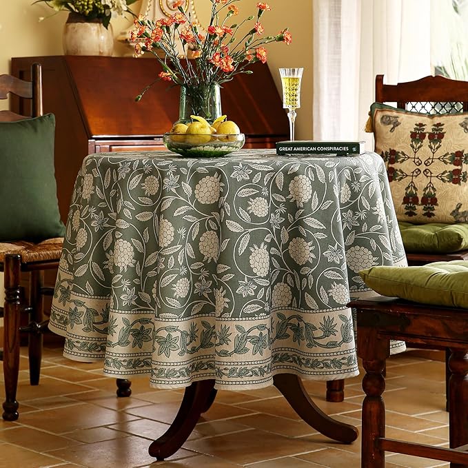ISAENNE Designer Grayish Green Linen Small Round Tablecloth,Floral Stain Resistant Table Cloth,Fall Vintage Decor Tablecloths for Dining Thanksgiving Kitchen Party,Diameter 55"-Andrew A