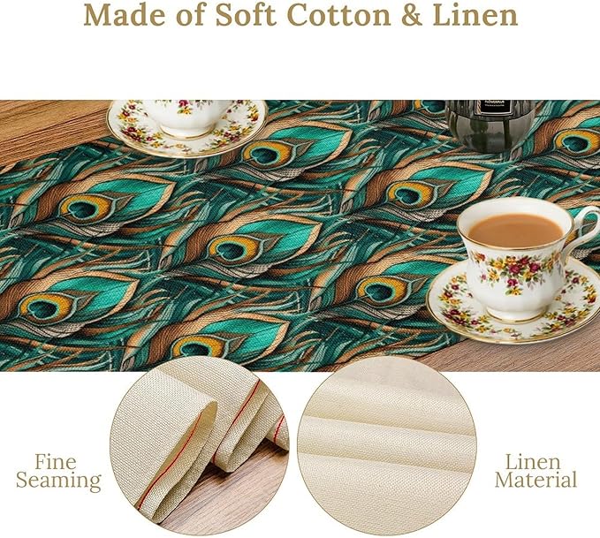 Peacock Feather Table Runner,Retro Aesthetic Green Table Runner for Home Kitchen Dining Party Indoor Outdoor Decoration 13x108 Inch