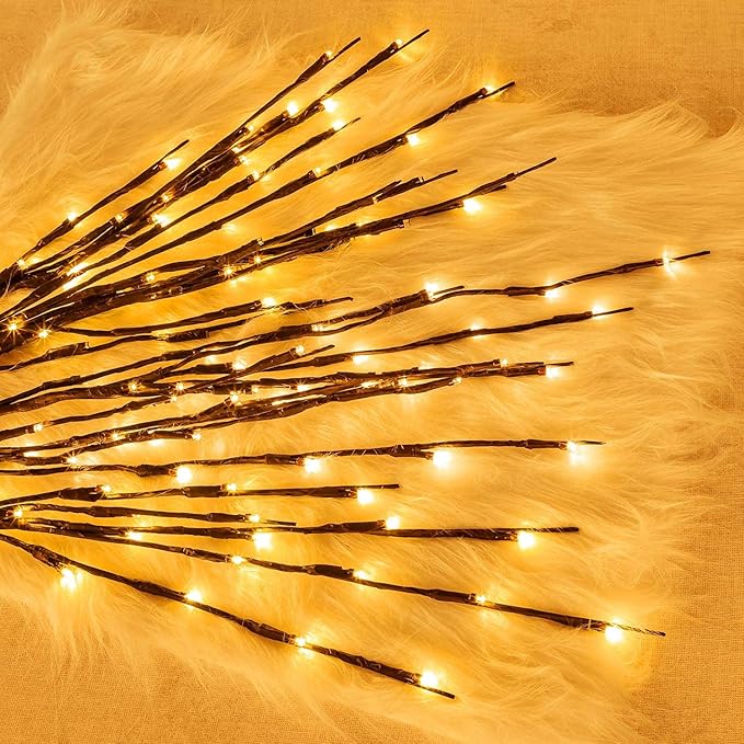 Lights Twig - 60 LED Waterproof & Battery Operated Branch Lights for Vases, Magical Light Up Twigs for Create Christmas Ambience and Lighting Up Dark (3 Pack, Warm Yellow)