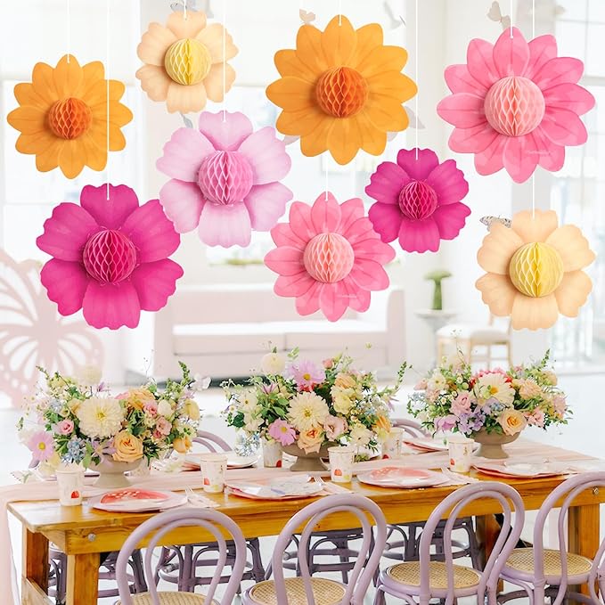 SUNBEAUTY 9 PCS Hot Pink and Orange Party Decorations Fall Large Hanging Paper Flowers Honeycomb Tissue Fiesta Sunset Autumn Decor for Birthday Thanksgiving Wedding Bridal Baby Shower Backdrop Wall