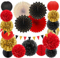 Red-Black Gold Casino Theme Party-Decorations - 20pcs Game Night Paper Lanterns Fans,Tissue Pom Poms,Honeycomb Balls,Bunting,Birthday Graduation Wedding Bridal Baby Shower Decor Burgleda