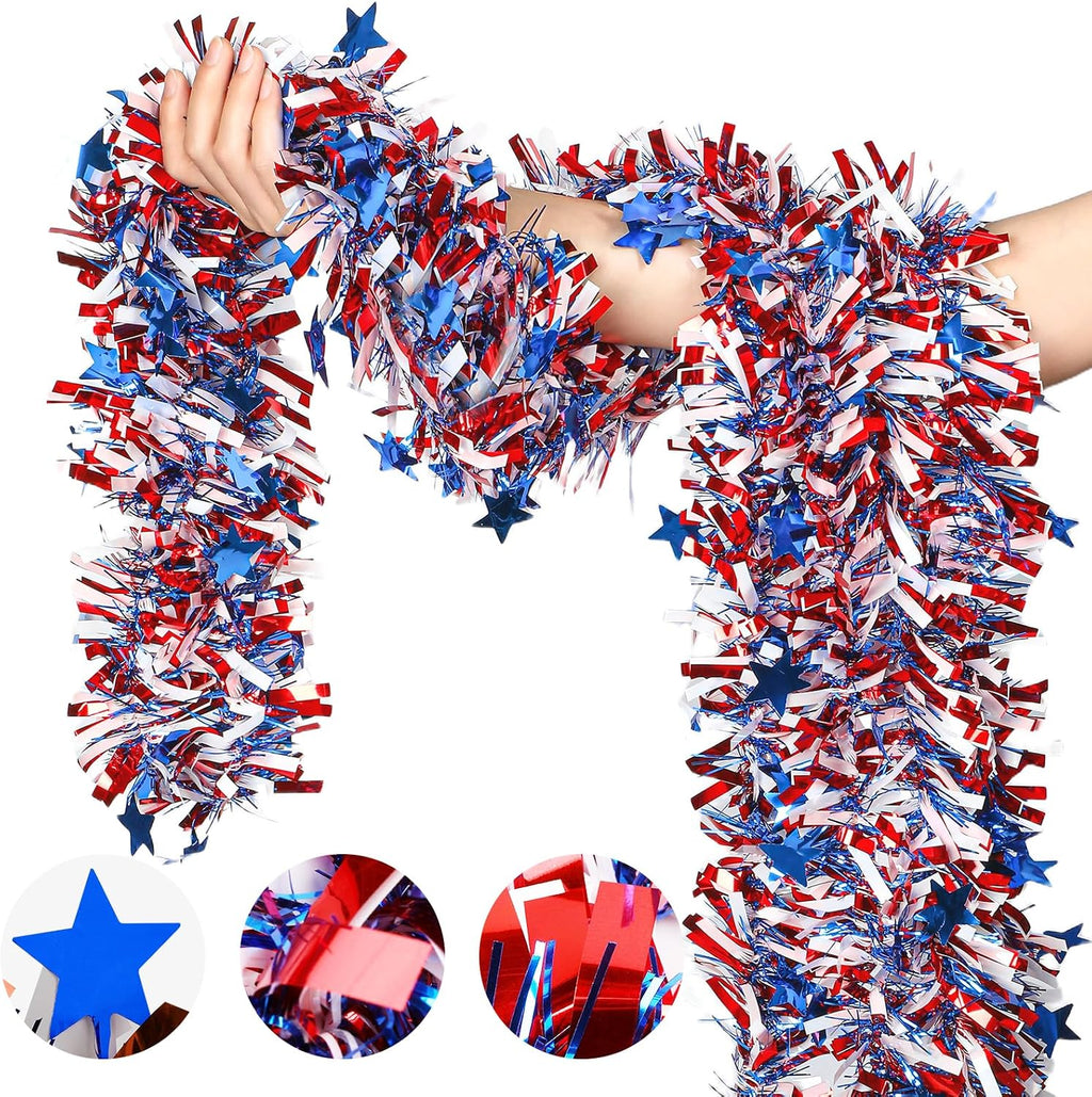 4th of July Garland Decorations, 50Ft Tinsel Garland Patriotic Decorations, Red White and Blue Garland for Memorial Day Decorations (Star)