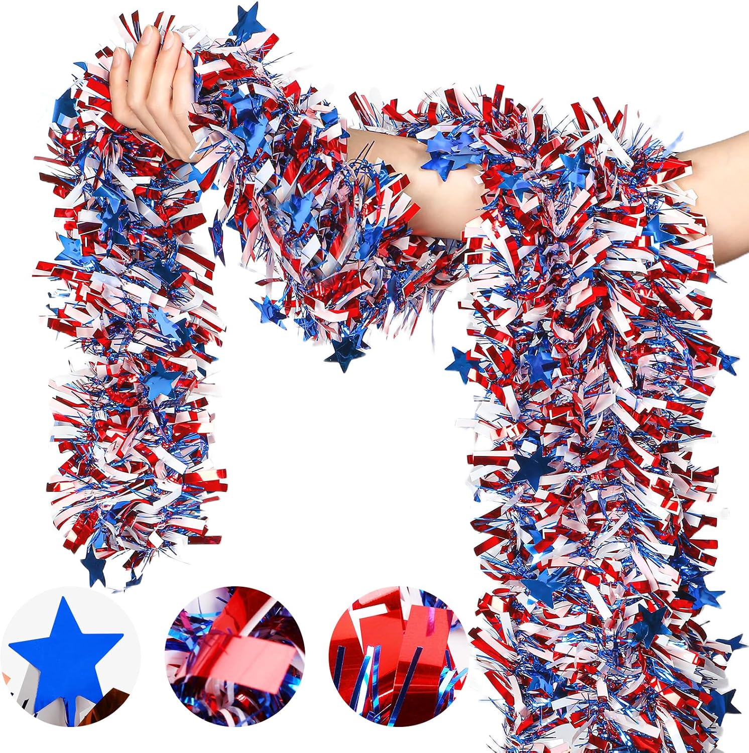 4th of July Garland Decorations, 50Ft Tinsel Garland Patriotic Decorations, Red White and Blue Garland for Memorial Day Decorations (Star)