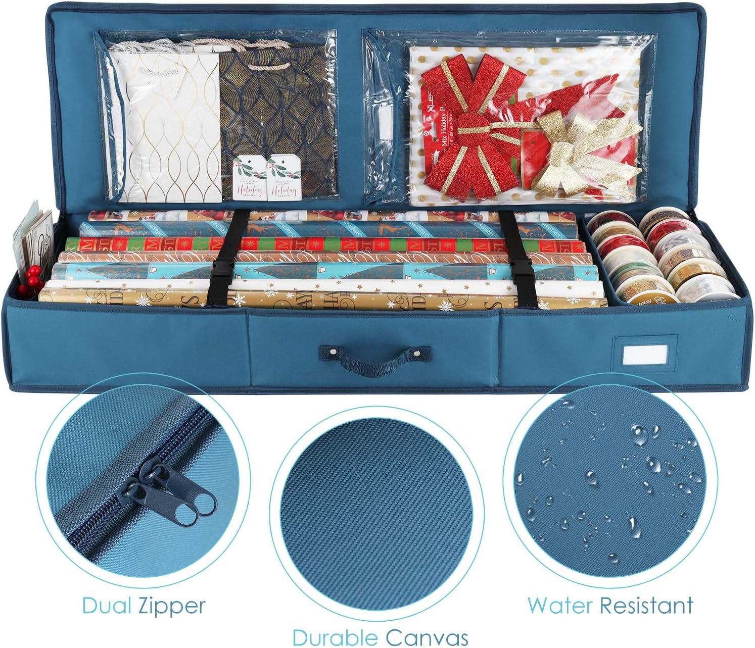 Hearth & Harbor Wrapping Paper Storage Container - Christmas Storage Bag with Interior Pockets - Gift Wrap Organizer Fits Up to 22 Rolls of 40" - Tear Proof, Blue