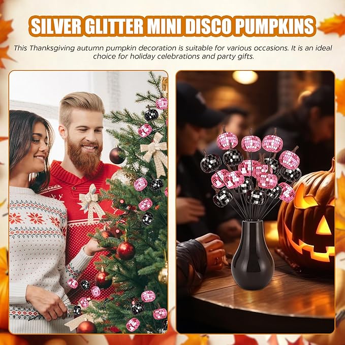 20Pcs Disco Halloween Decor, Disco Pumpkin Table Decoration, 14 Inch Artificial Glitter Mirror Pumpkin Sticks Ornament Halloween Branches for Table Centerpiece Party Decor