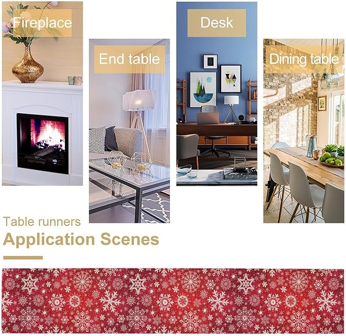 Snowflakes Christmas Table Runner, Winter Holiday Red Table Cloth Kitchen Dining Table Decoration for Home Party Decor 13x70 Inch