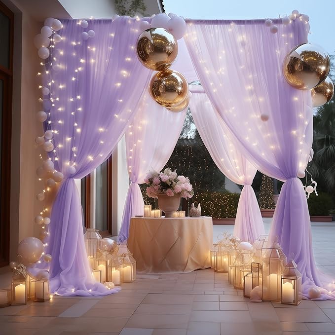 Fomcet Lavender Tulle Backdrop Curtains with Lights String 10FT X 8FT Sheer Curtain with Lights Tulle Curtains Backdrop for Wedding Birthday Party Photo Shoot (2 Panels 5x8FT)