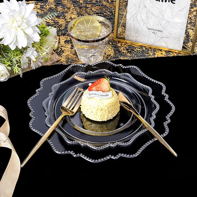 COLOSUS 350pcs Clear Plastic Plates Disposable Gold Cutlery Dinnerware set for party: 50 Dinner Plate, 50 Dessert Plate, 50 Per Rolled Napkins with Gold Silverware, 50 Cups 9 OZ for Wedding & Party