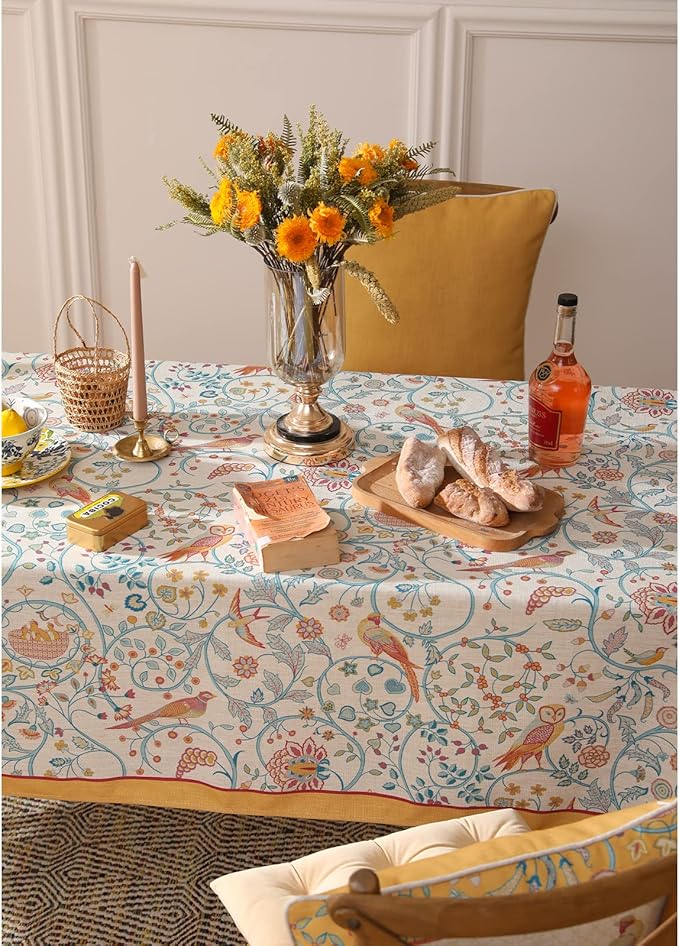 patdrea Designer Vintage French Tablecloth for Rectangle Table,Floral Birds Pattern Linen Table Cloth,Yellow Decor Cover for Kitchen Dining Banquet,Christmas,Thanksgiving,63"x110"-Magnolia