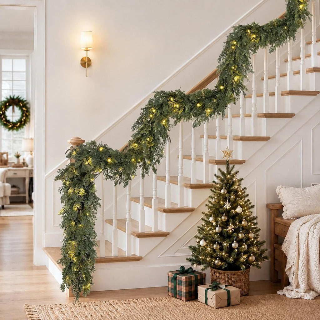 pre-lit christmas garland 9ft decorations real touch cedar on a desk or shelf