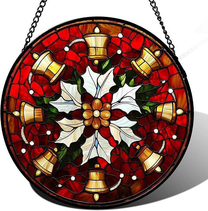 Stained Glass Window Hanging - Golden Bells Flowers Suncatcher for Doors Home Christmas Decoration Winter Sun Catcher Thanksgiving New Year Birthday Gift for Friend Women Men Mom Nana 7.8 in