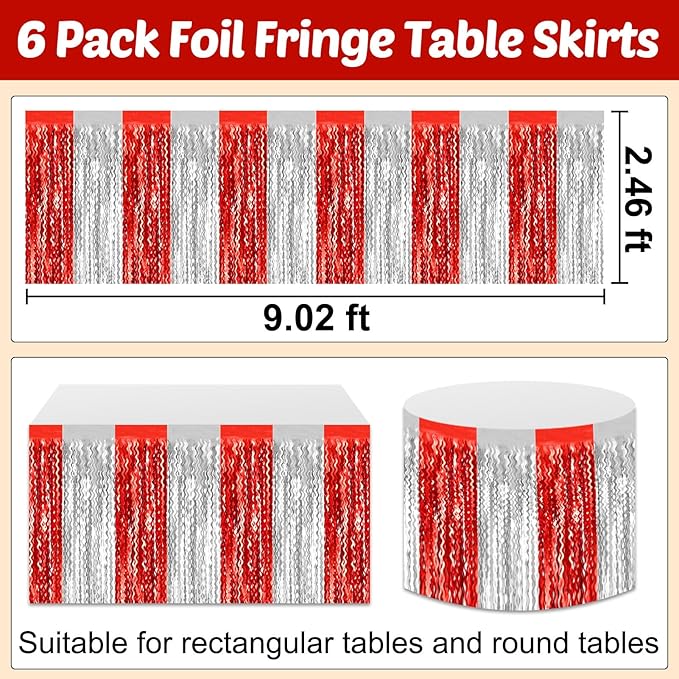 6 Pack 29x108 Inch Red Silver Wave Foil Fringe Table Skirts Metallic Banner for Tinsel Streamer Garland Backdrop for Parade Floats Wedding, Mother's Day, Birthday Mardi Gras Party Decorations