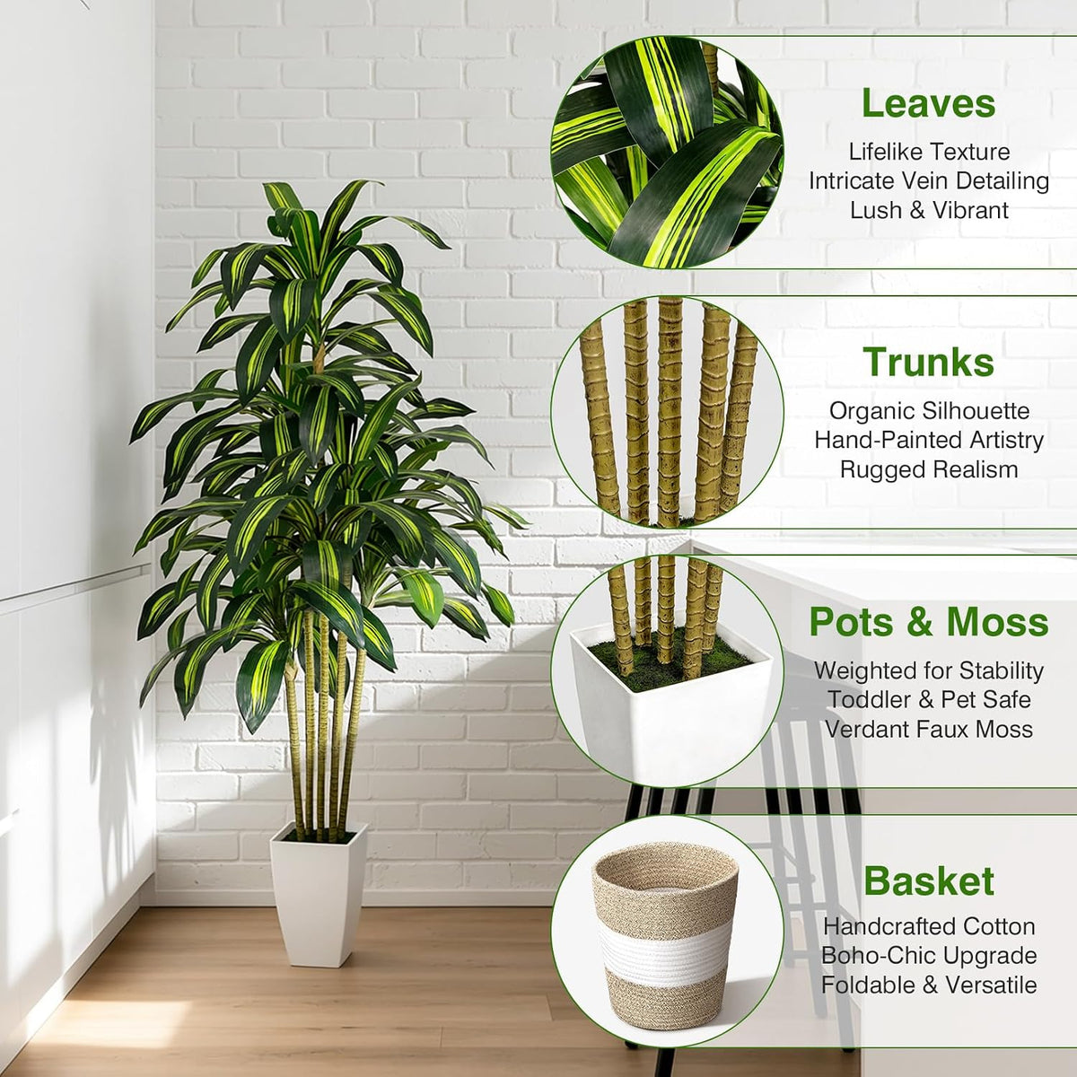 5FT Faux Dracaena Plant with Planter & Built-in Basket