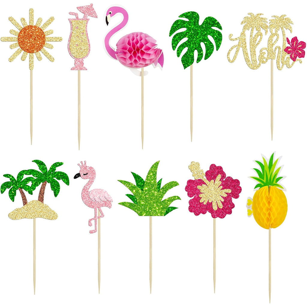 Gyufise 32Pcs Tropical Cupcake Toppers Glitter Luau Cake Topper Aloha Cupcake Picks Pineapple Flamingo Cupcake Decorations for Hawaiian Theme Baby Shower Birthday Party Supplies Pink Yellow Green
