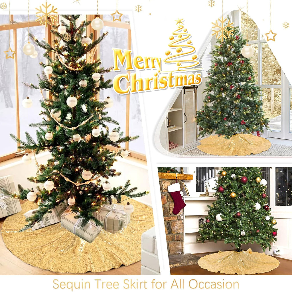 48 Inch Gold Xmas Tree Skirt Christmas Decorations Sequin Tree Skirt Cover New Year Party Indoor Holiday Tree Ornaments