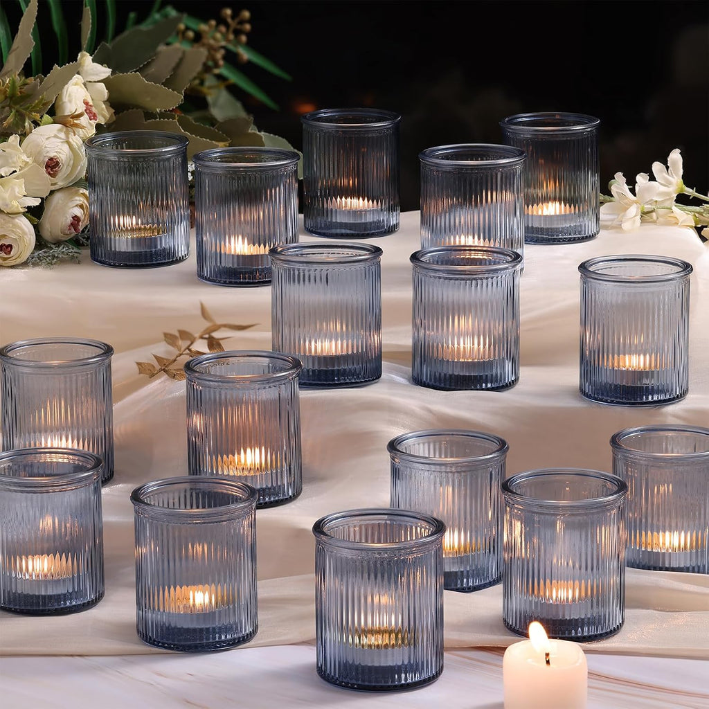 NITIME 32Pcs Ribbed Blue Votive Candle Holders, Tea Light Candle Holders for Table Centerpiece, Blue Candle Holders for Wedding Decor,Home and Holiday Decor