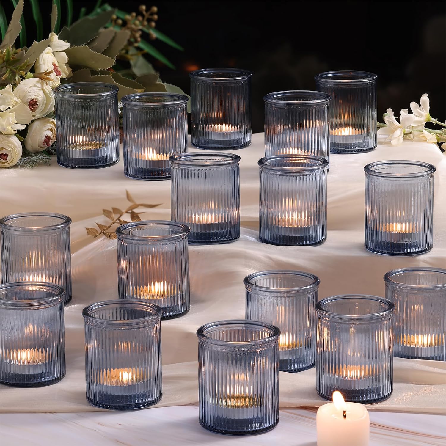 NITIME 32Pcs Ribbed Blue Votive Candle Holders, Tea Light Candle Holders for Table Centerpiece, Blue Candle Holders for Wedding Decor,Home and Holiday Decor