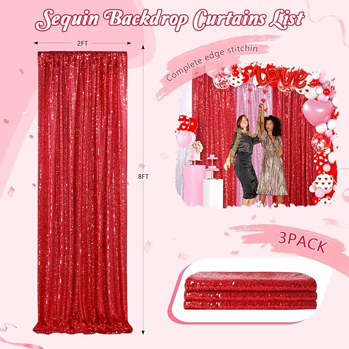 Red Curtains Birthday Sequin Backdrop, 3 Pack 2ft x 8ft Party Photography Background Drapes Christmas Decorations