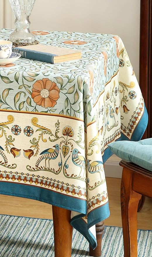 patdrea Designer French Linen Blue Tablecloth for Rectangle Table,Vintage Floral Table Cloth,Colorful Decoration Fall Cover Kitchen Dining for Thanksgiving,Tea Party,Christmas,63"x110"-Wensel