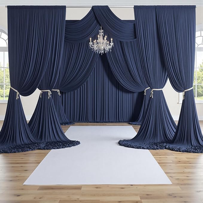 PartyVillage 50ft×15ft Navy Blue Backdrop Curtain for Wedding Parties, 10 Panels Wrinkle Free 15 FT Long Polyester Photo Backdrop Drapes Back Drop Cloth for Birthday Photography Background