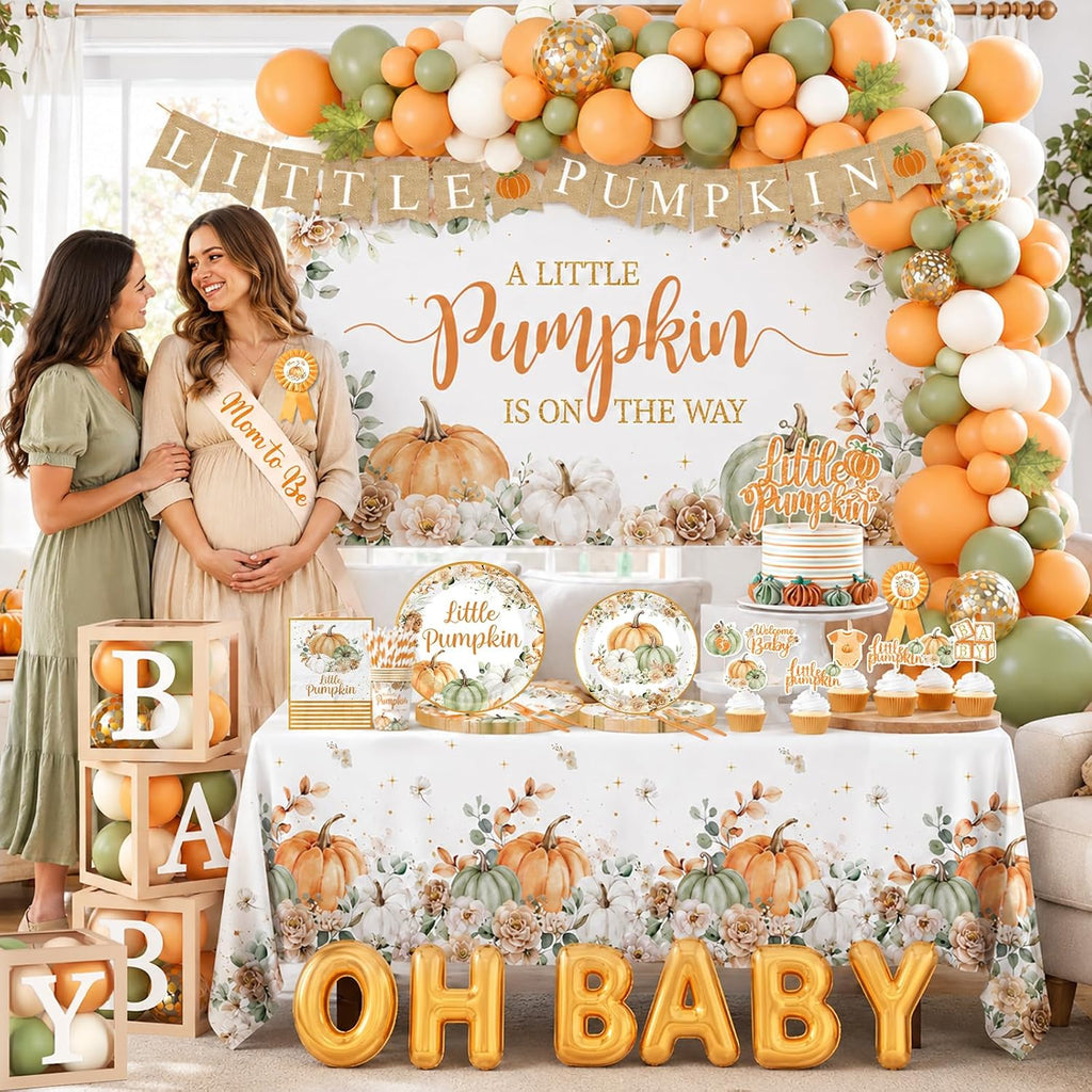 Little Pumpkin Baby Shower Decorations for Boy or Girl,275pcs Fall Baby Shower Plates and Napkins Cups Backdrop Tablecloth Topper Balloon for A Little Pumpkin Is On The Way Baby Shower Decorations