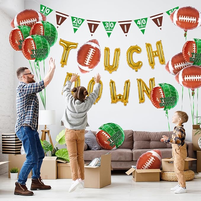 Football Party Supplies Kit - Touchdown Letter Balloon, Goal Post & Football Shaped Foil Balloons, Round 'Touchdown!' Foil Balloons, and Banner for Birthday, Game day, Tailgate Party Decorations
