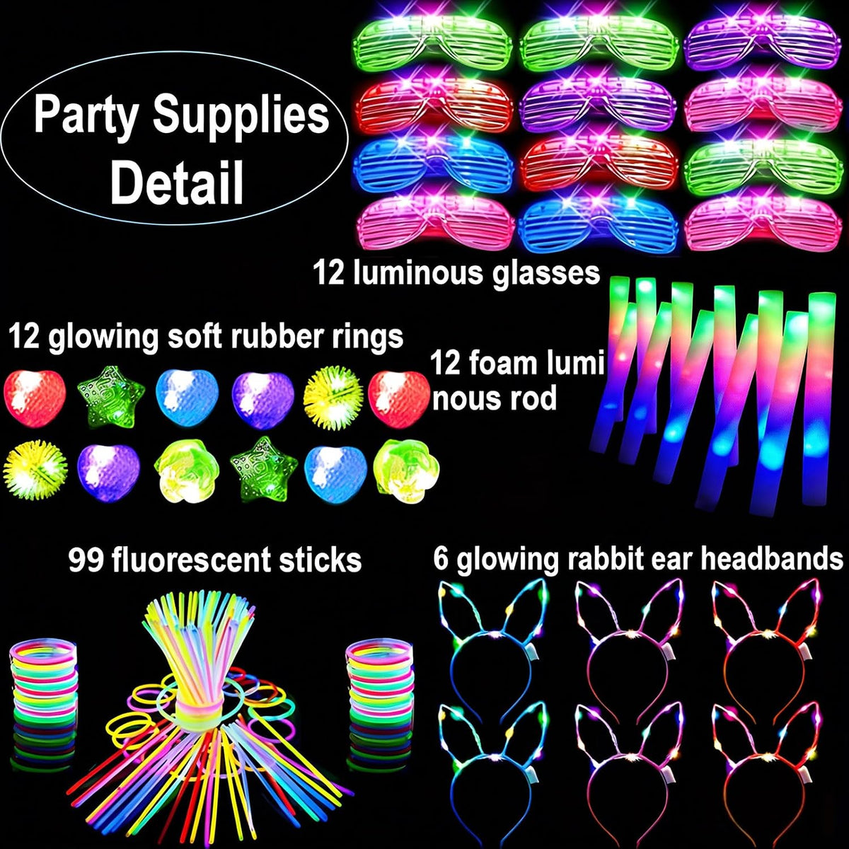142 PCS Glow in the Dark Party Supplies, 12 Foam Sticks, 12PCS LED Glasses,6P...