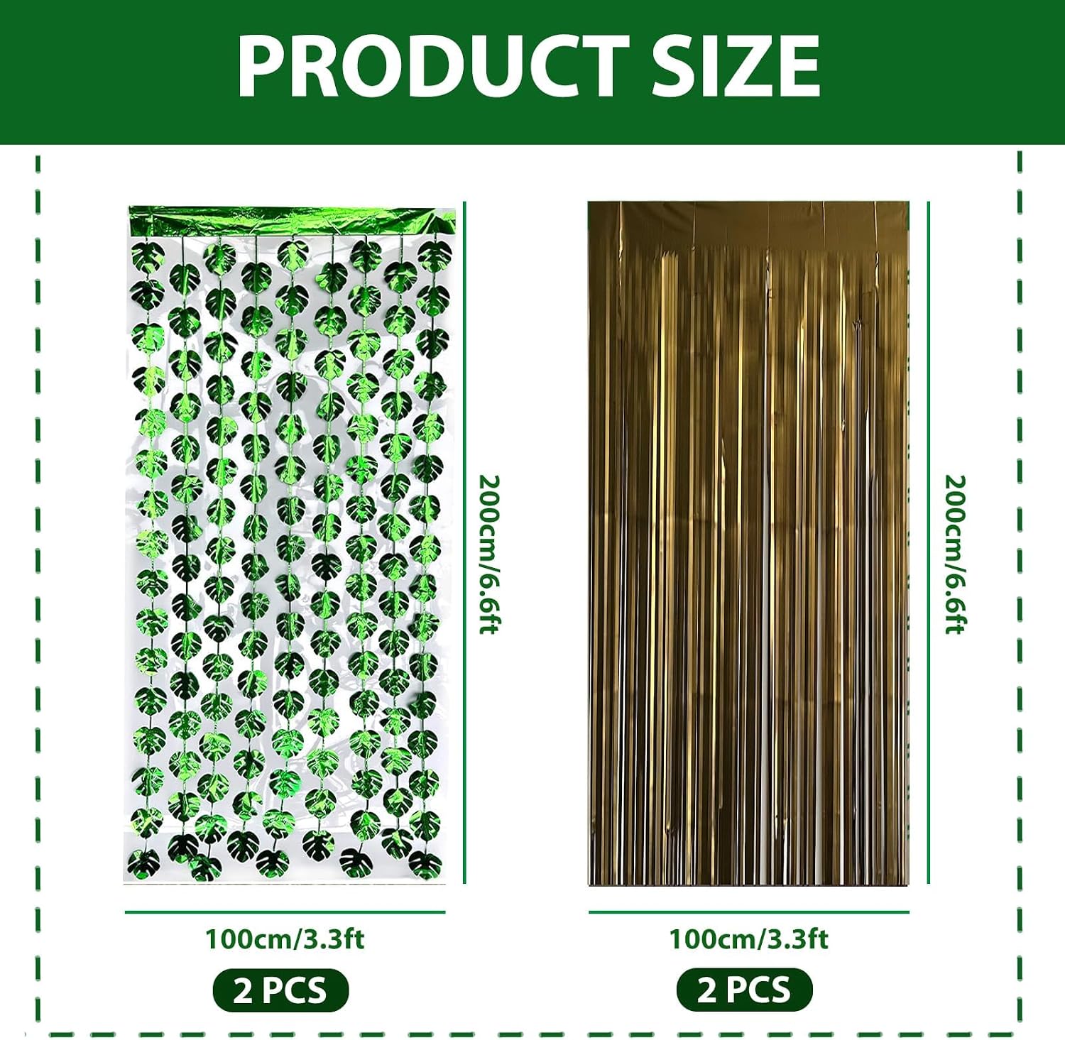OQOQ Hawaiian Decorations Tinsel Foil Fringe Curtains (4 Pcs) - 3.3x6.6 Ft Dark Gold and Green Tropical Leaves Tinsel Curtains for Summer Jungle Aloha Luau Party Decor Photo Booth Prop Backdrop