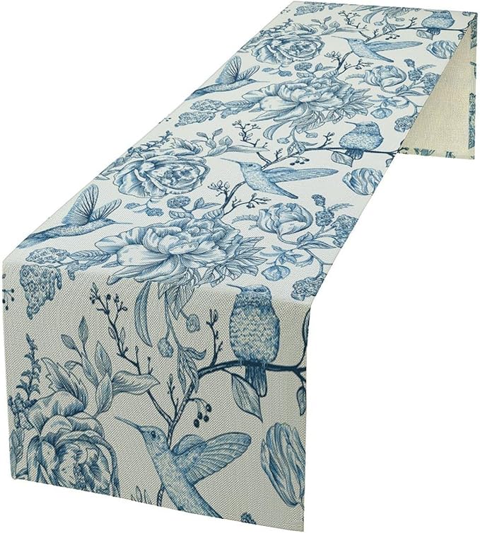 Blue White Table Runner Retro Monochrome Sketch Birds Flower Vintage Floral Kitchen Dining Table Decoration for Home Party Holiday 13"x90"