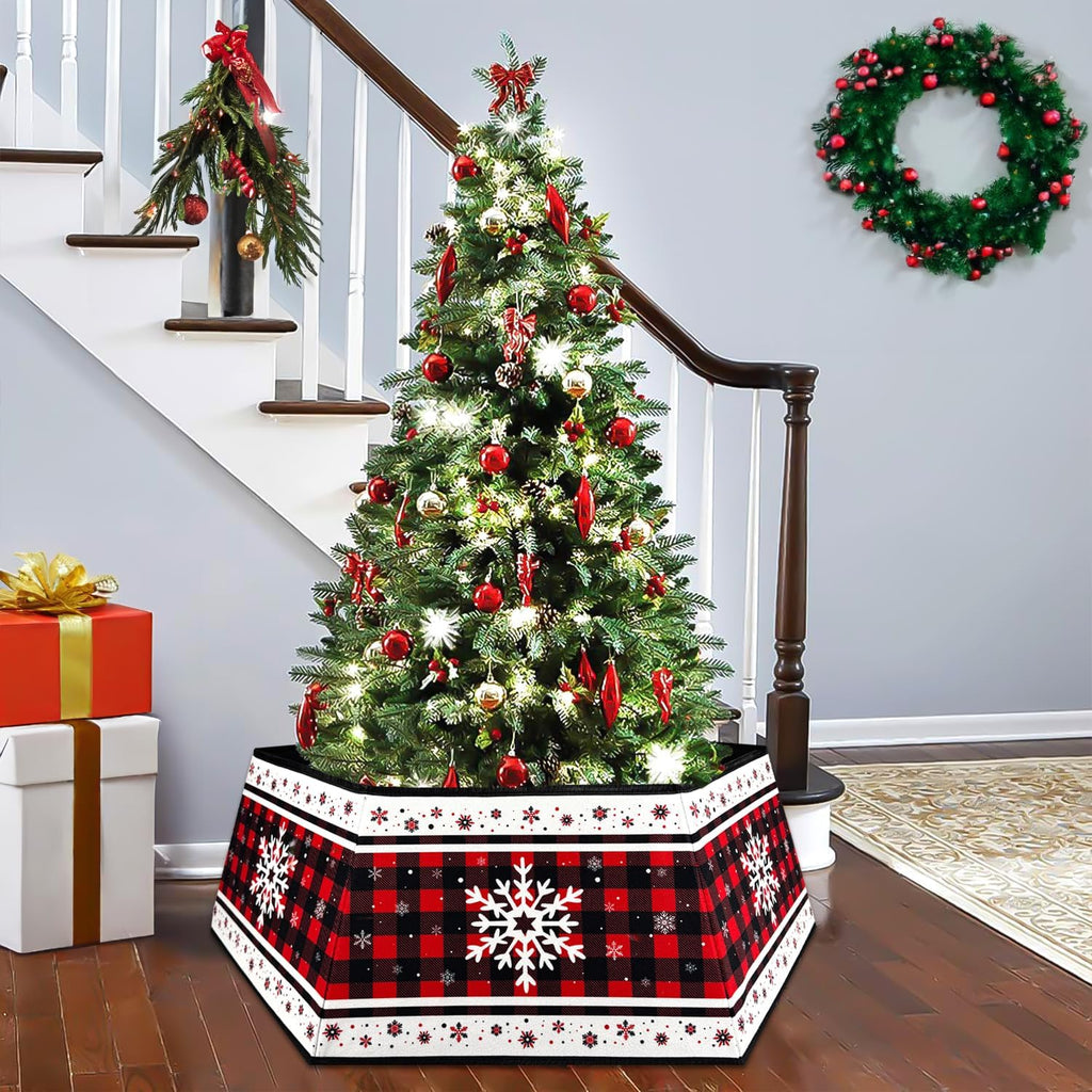 Christmas Tree Collar, Red Christmas Tree Collar, Buffalo Plaid Christmas Trees Skirt, Square Christmas Trees Ring, Foldable Hexagon Xmas Tree Skirt, Snowflake Decor for Holiday Party Home, 31 inch