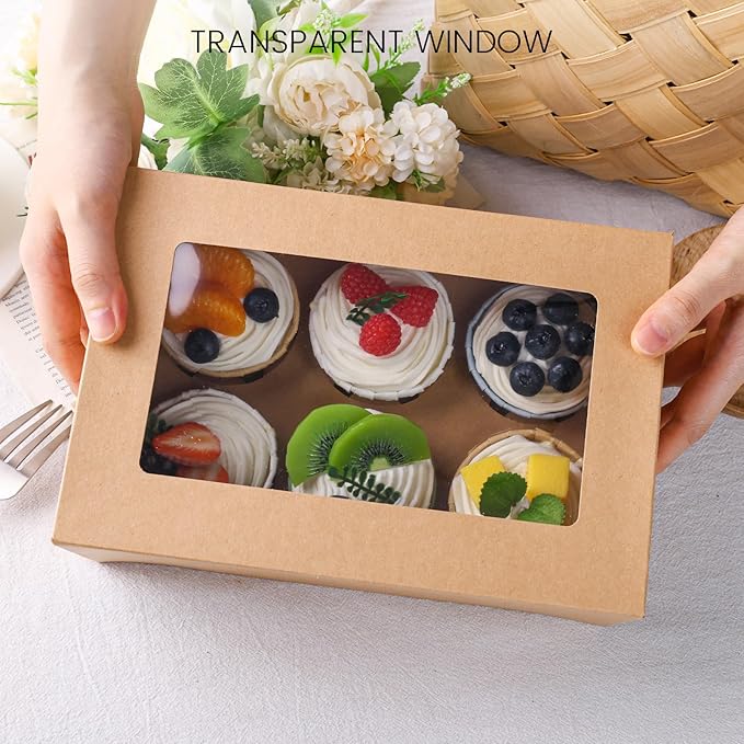 HANSGO 6 PCS Cupcake Boxes, 9.5x6.3x3.5 Inch Cupcake Containers Brown Pastry Boxes with Inserts 6 Holders for Muffins Pastry Strawberry, Party Supplies